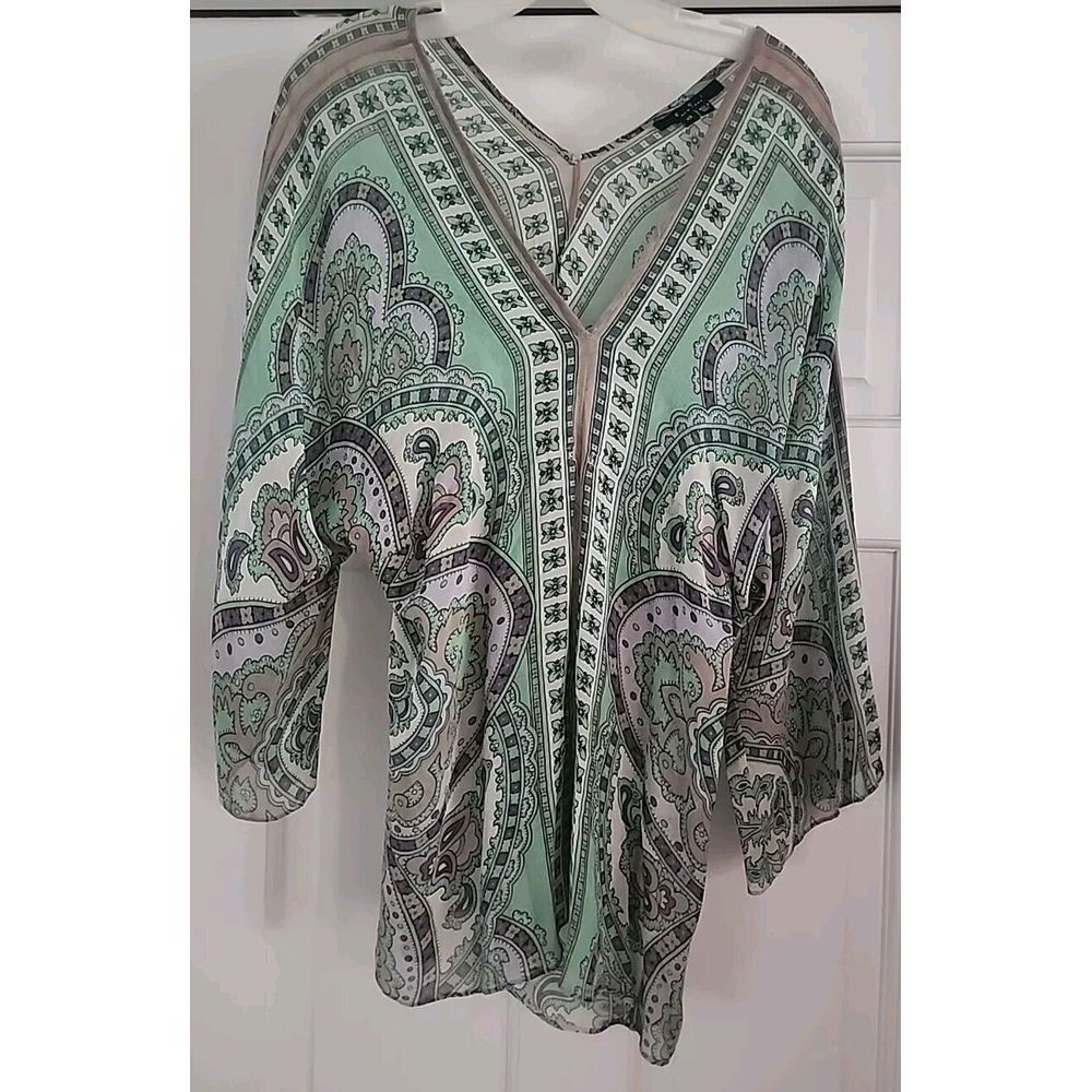 Green & Khaki Boho Paisley‎ Sheer Chiffon Tunic Size 10 ECI New York 3/4 Sleeves